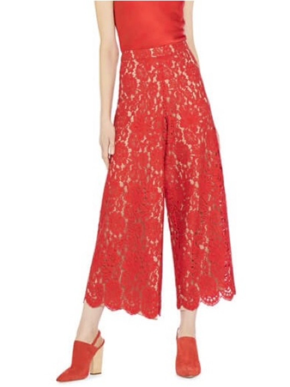 Alice + Olivia Guipure Poppy Red Lace Floral Culottes Pants $437 Size 0